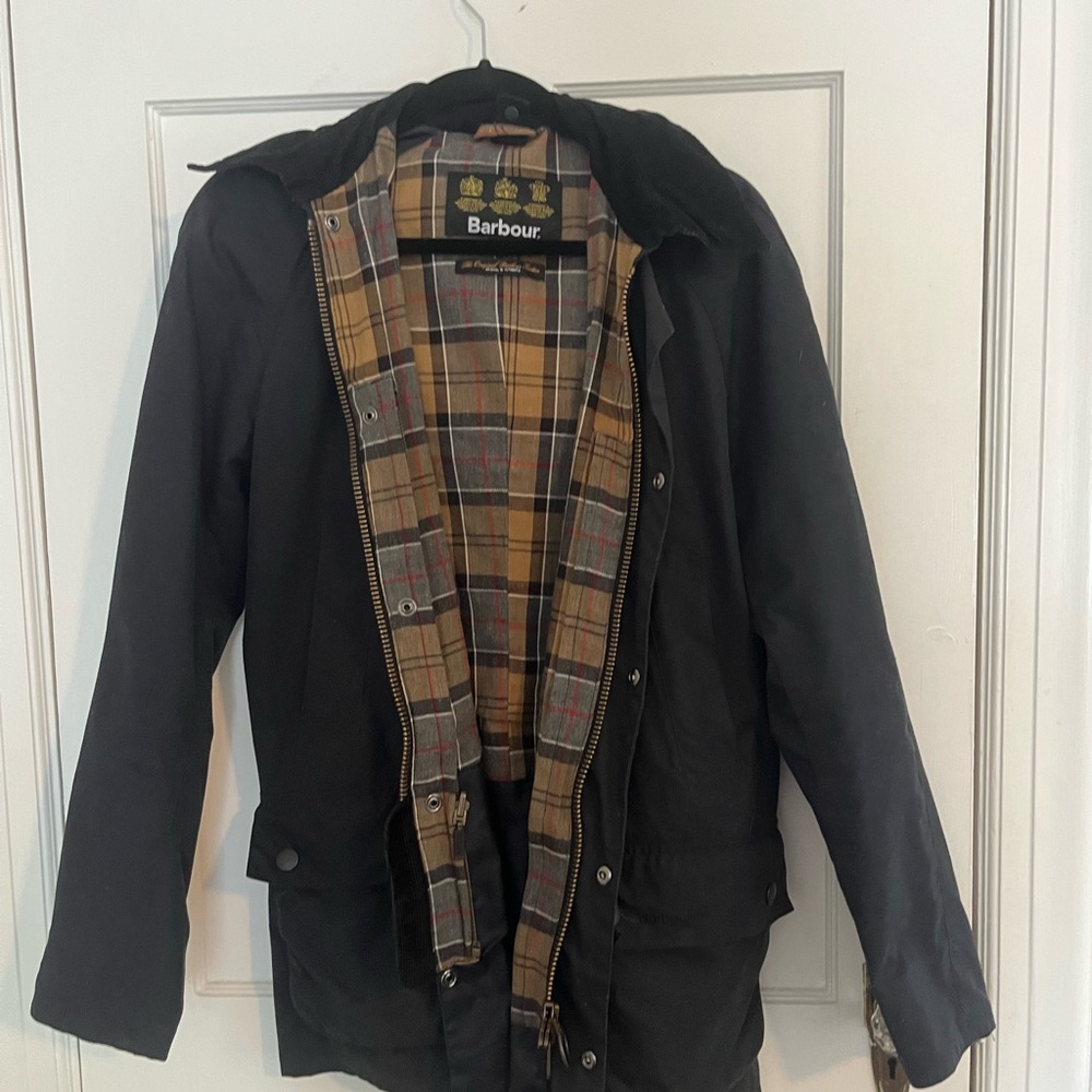 Barbour Navy Wax Jacket with Classic Plaid